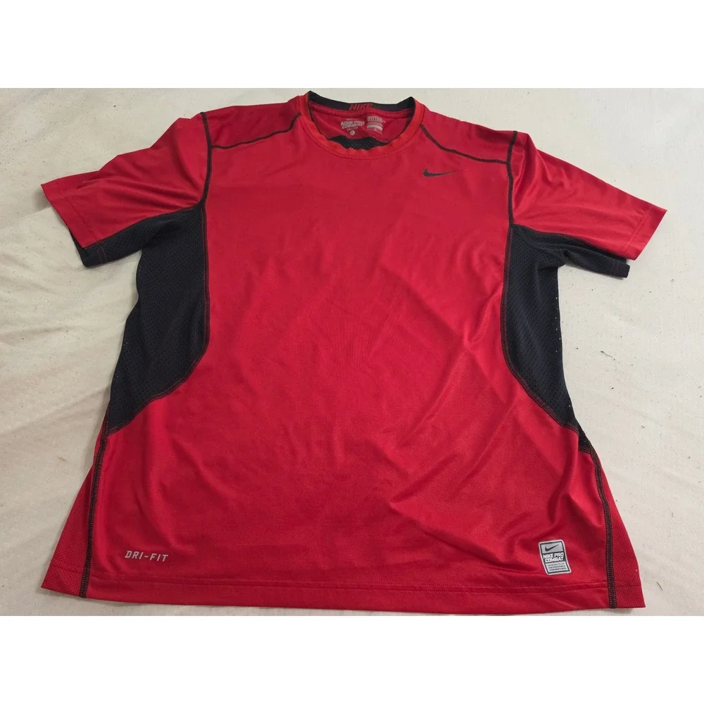 Nike Pro Combat Dri-FIT Mens XL Fitted Training Shirt Red Black Mesh Athletic